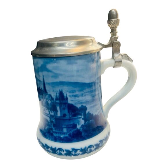 Other - German Beer Stein Berlin Design Hohenzollern Castle Pewter Lid Blue White 1980